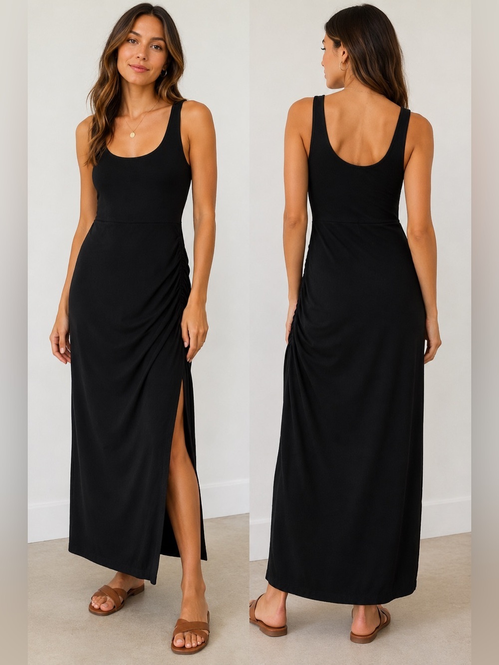 Z Supply Black Ruched Side Slit Midi Dress Size S
